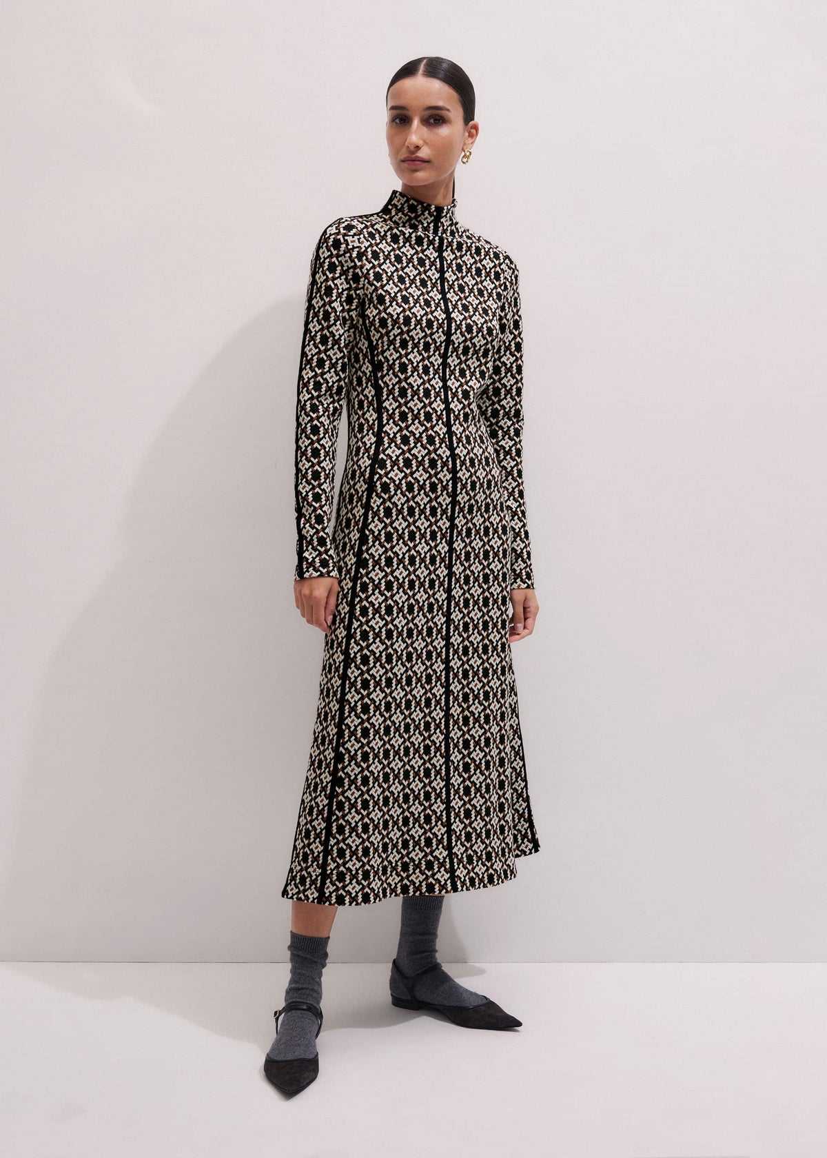 ME+EM Navy Graphic Jacquard Fit and Flare Midi Dress