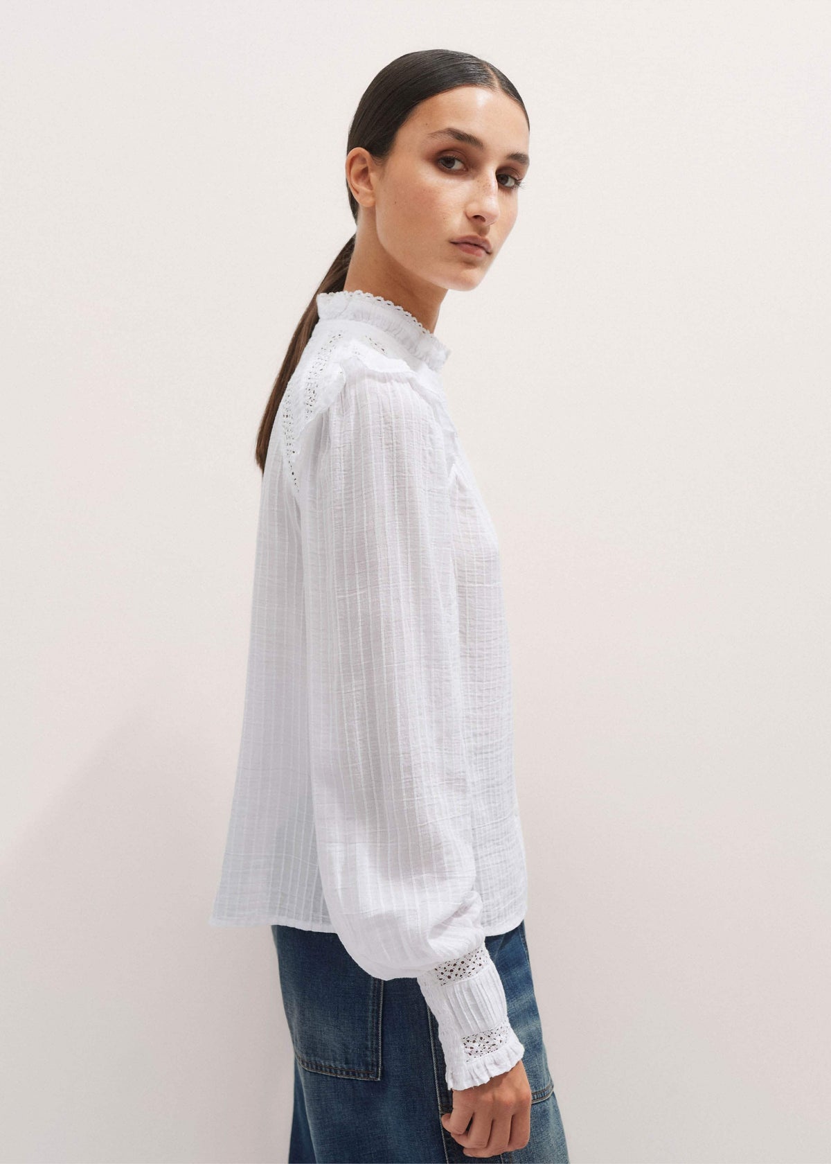 ME+EM White Cotton + Lace Trim Blouse