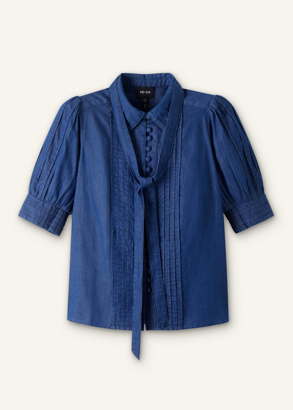 ME+EM Blue Chambray Pintucked Short Sleeve Blouse + Tie