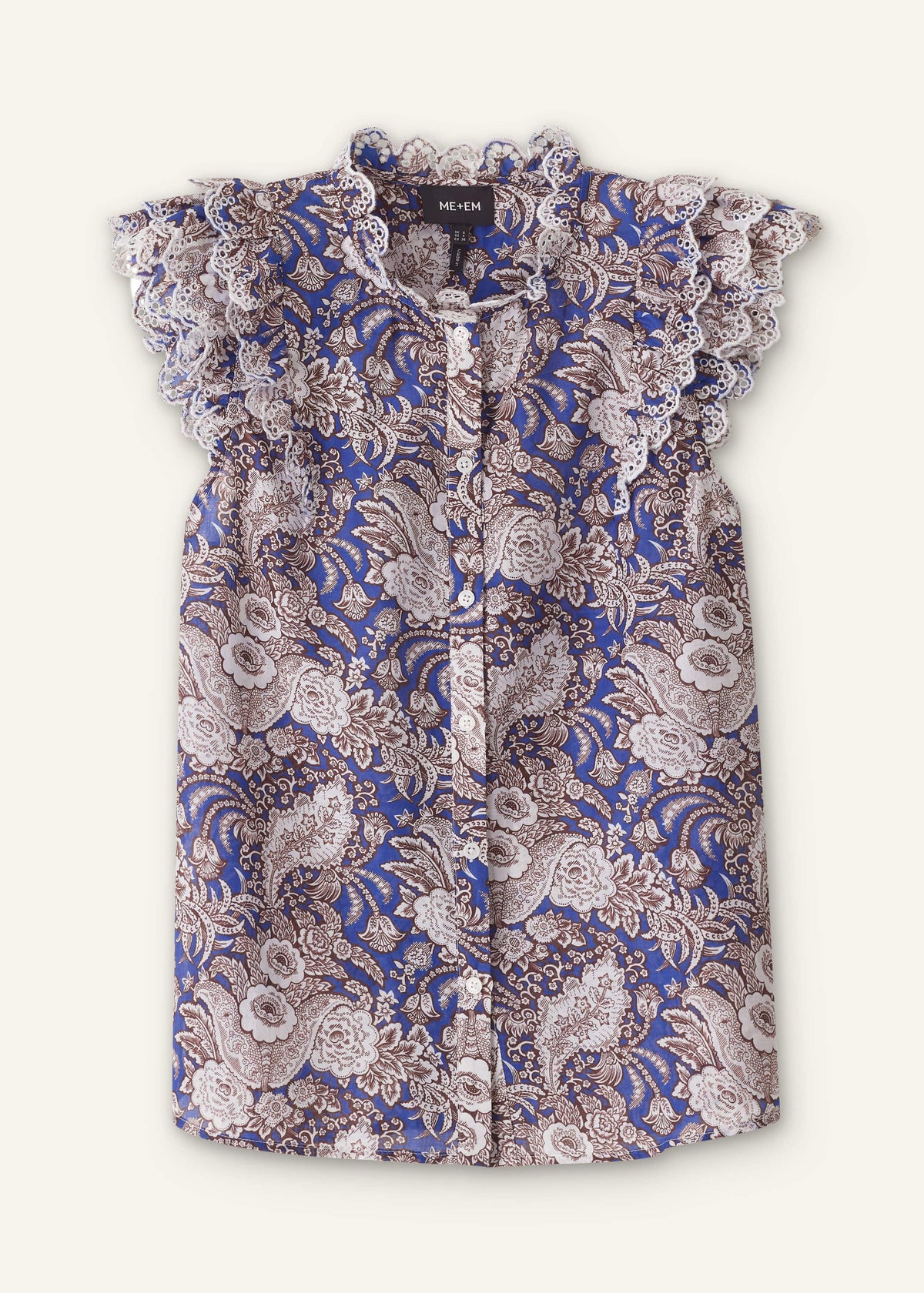 ME+EM Blue Elaborate Botanical Print Ruffle Straight Blouse