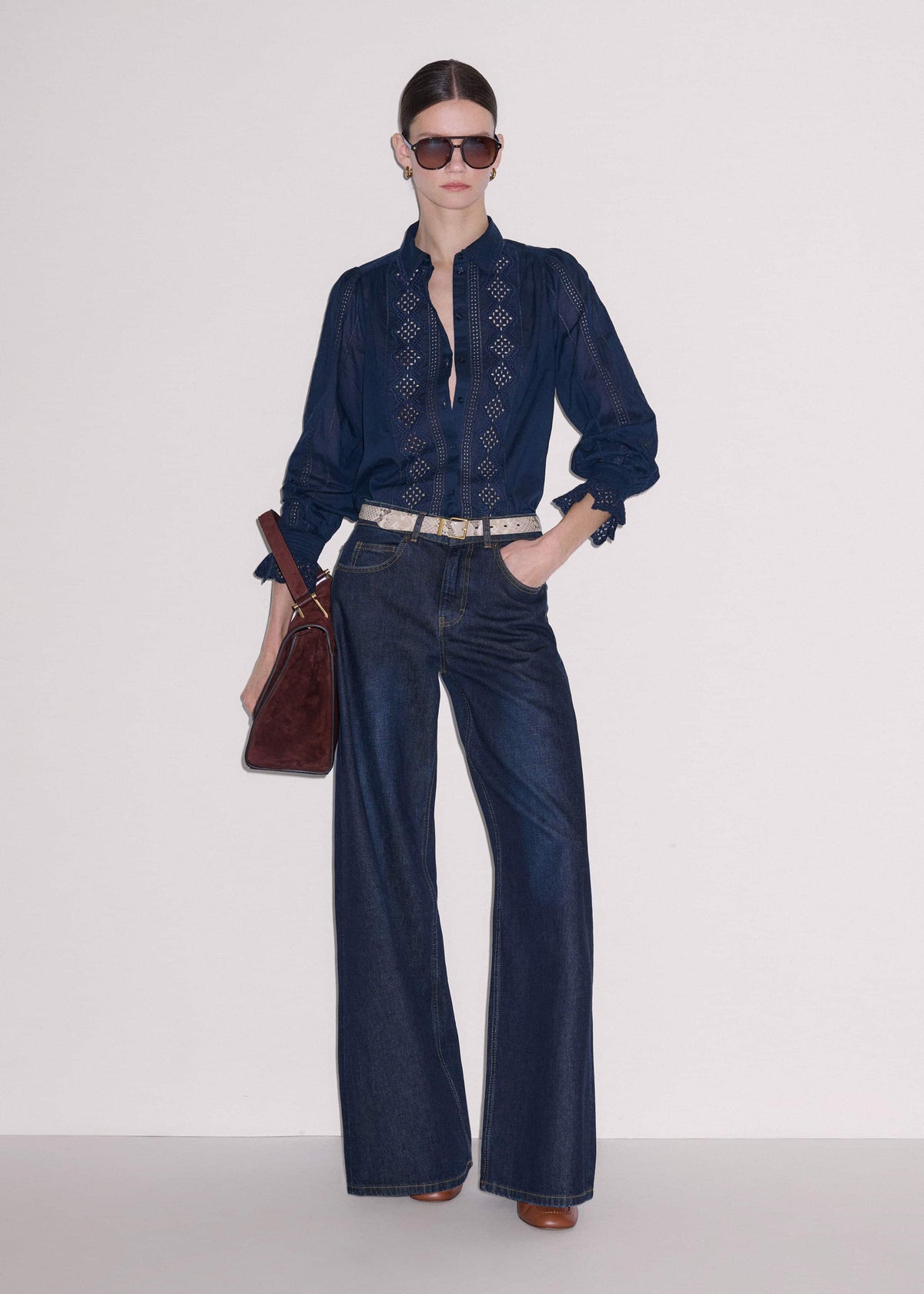 ME+EM Navy Cotton Voile Broderie Detail Shirt