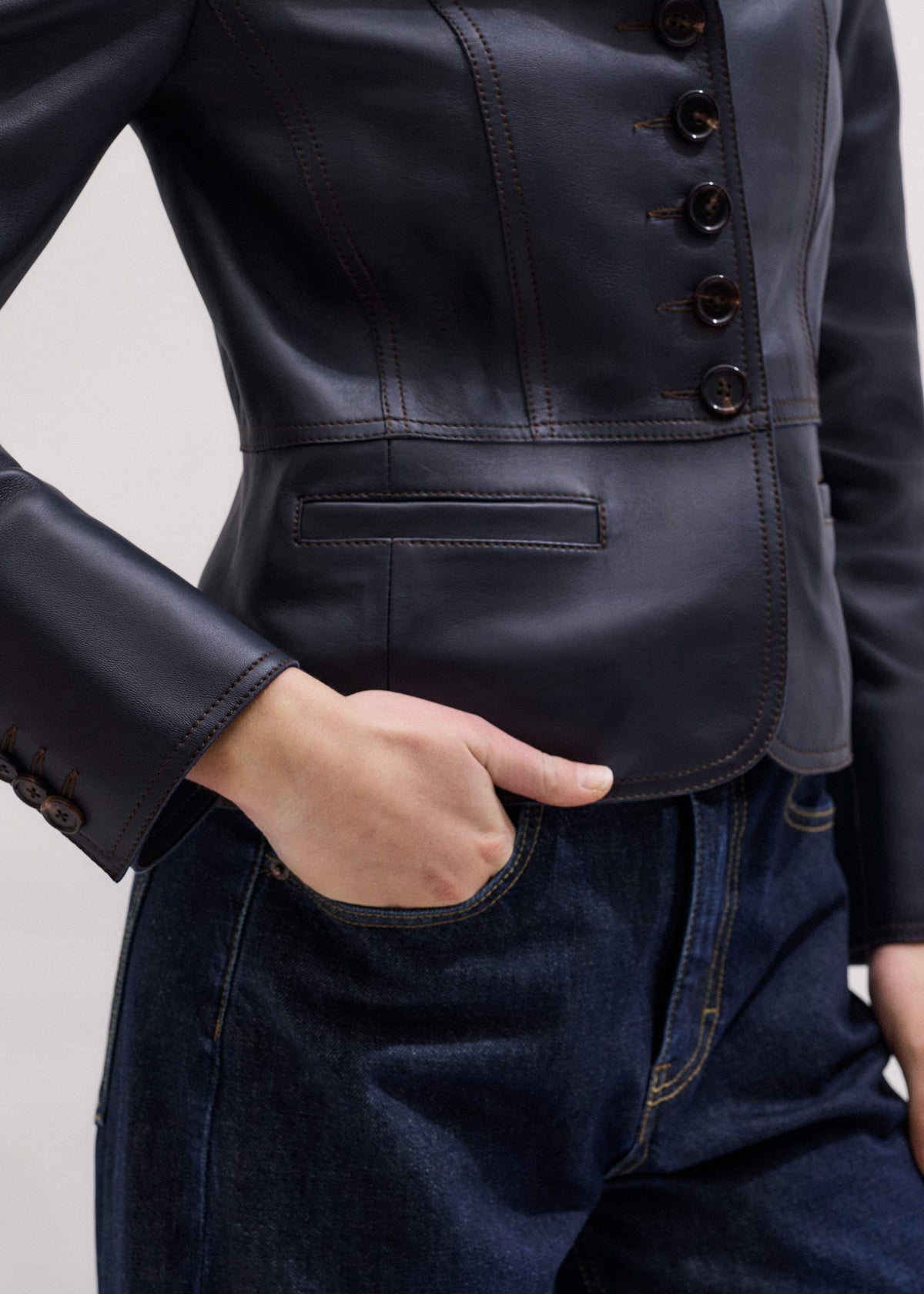 ME+EM Navy Leather Luxe Short Fitted Blazer