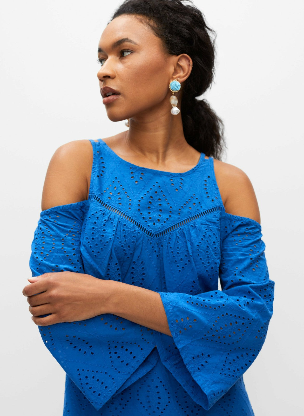 Women Cold Shoulder Cotton Eyelet Dress French Blue | Melanie Lyne