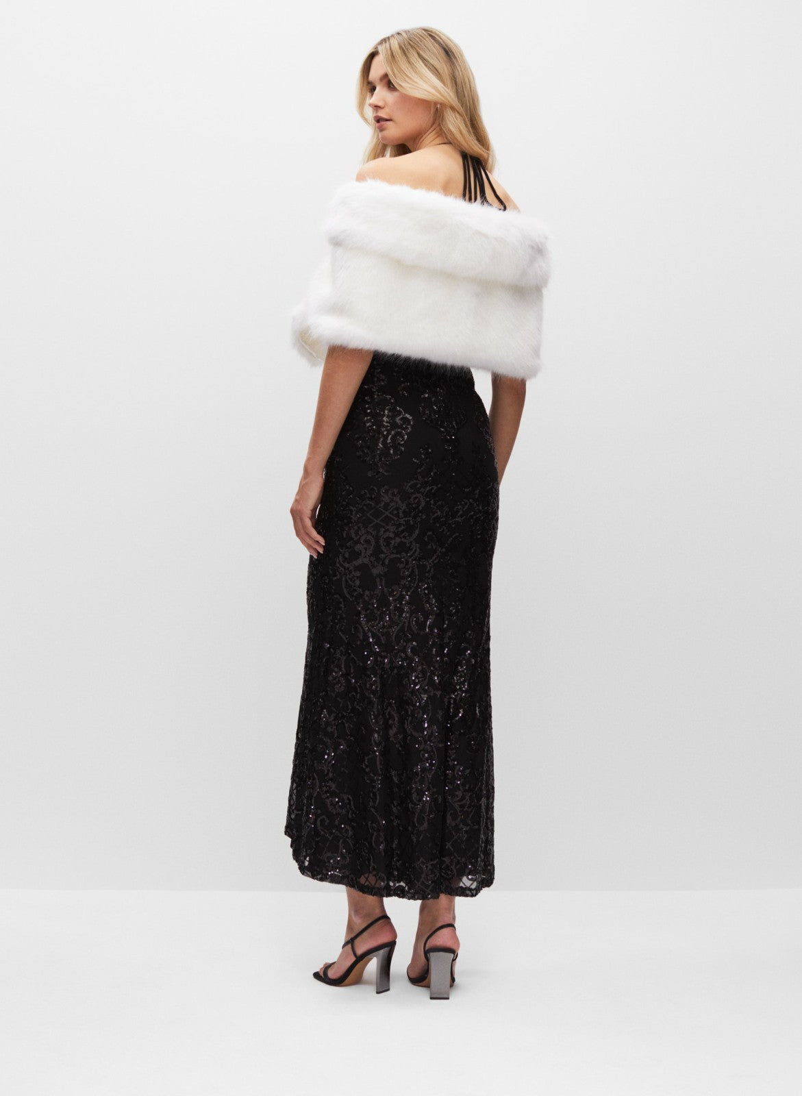 Women Rhinestone Clip Faux Fur Stole Ivory | Melanie Lyne