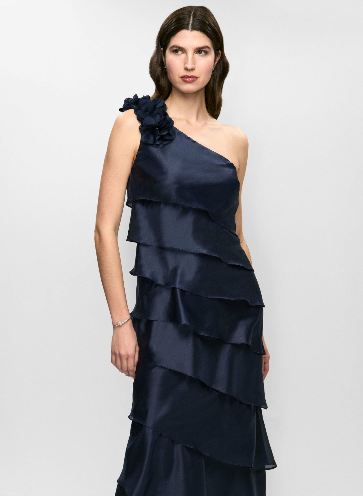 Women One-Shoulder Tiered Evening Dress Navy Blue | Melanie Lyne