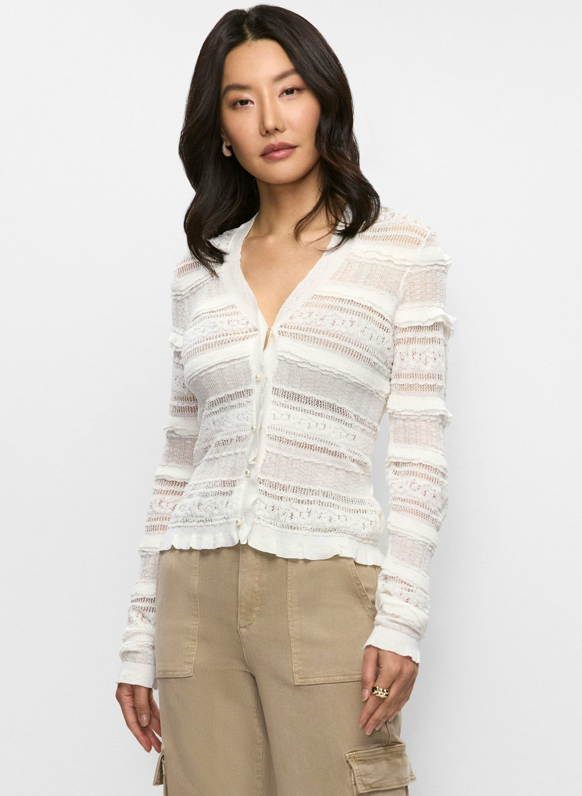 Women Ruffle Knit Cardigan Alabaster | Melanie Lyne