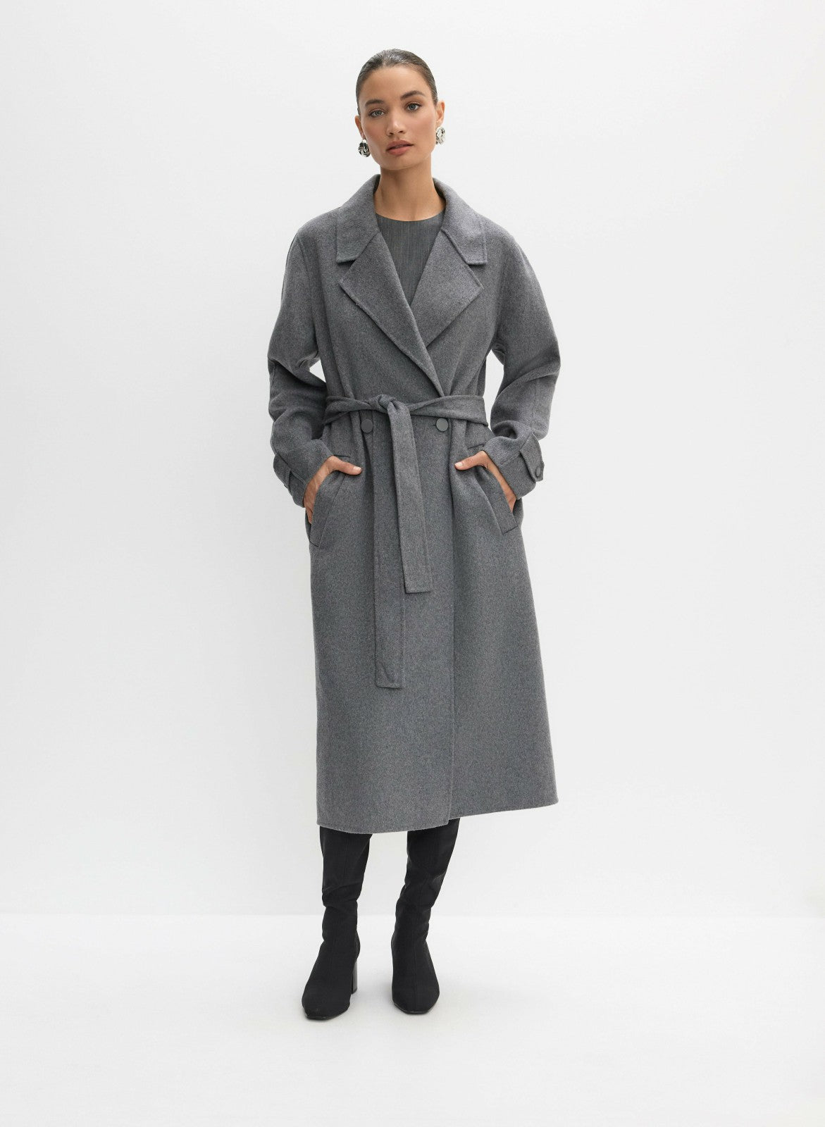 Women Belted Wool-Blend Coat Sky Grey Mix | Melanie Lyne