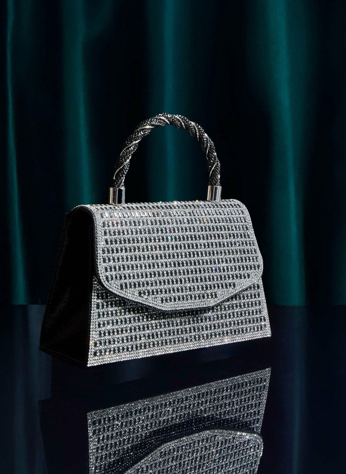 Women Braided Handle Crystal Clutch Black | Melanie Lyne