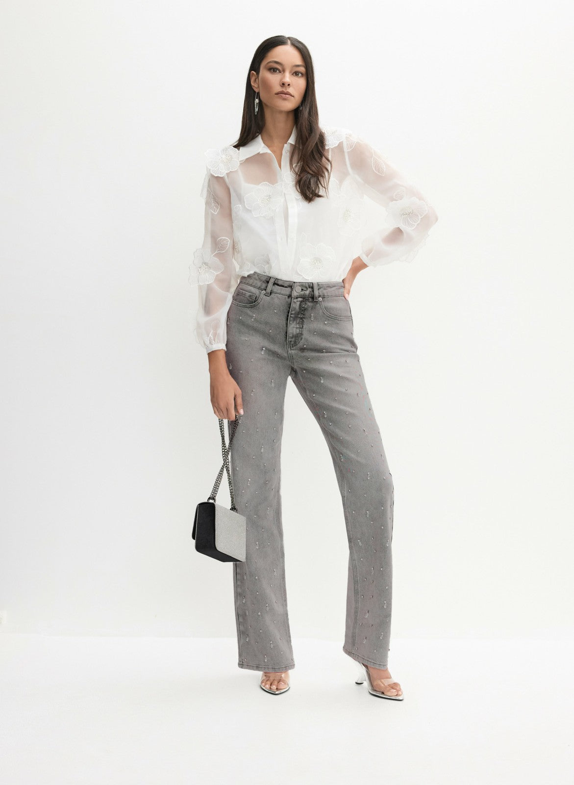 Women Stone Drop Embellished Straight-Leg Jeans Dark Grey | Melanie Lyne