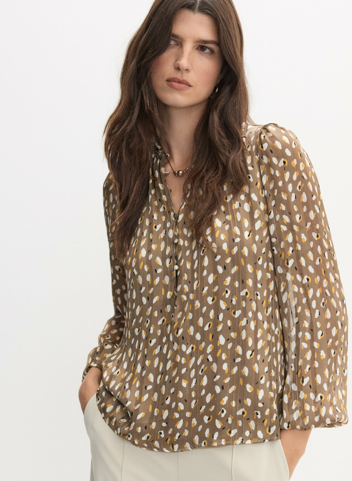 Women Abstract Frilled Neck Blouse Green Pattern | Melanie Lyne