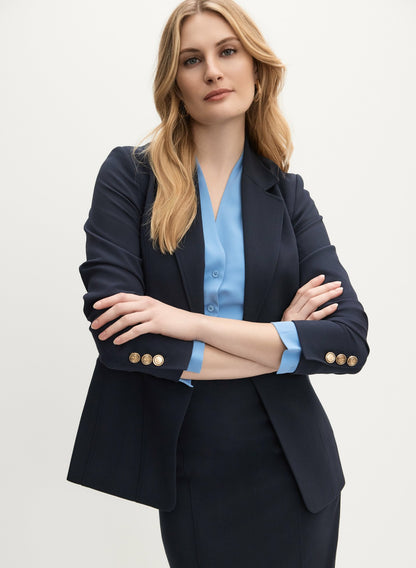 Women Embossed Button Blazer Dark Navy | Melanie Lyne