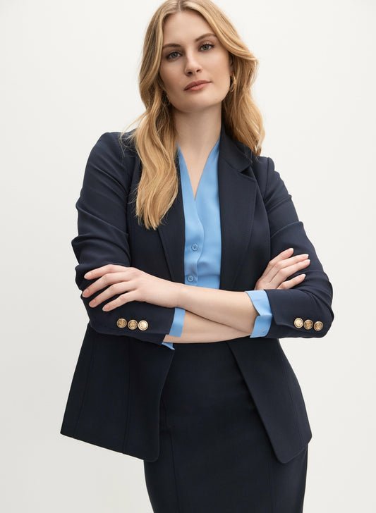 Women Embossed Button Blazer Dark Navy | Melanie Lyne