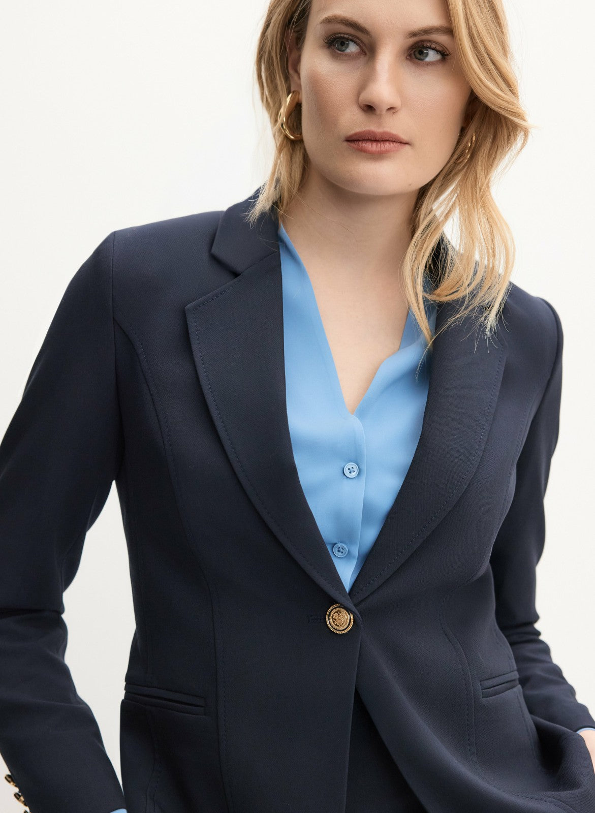 Women Embossed Button Blazer Dark Navy | Melanie Lyne
