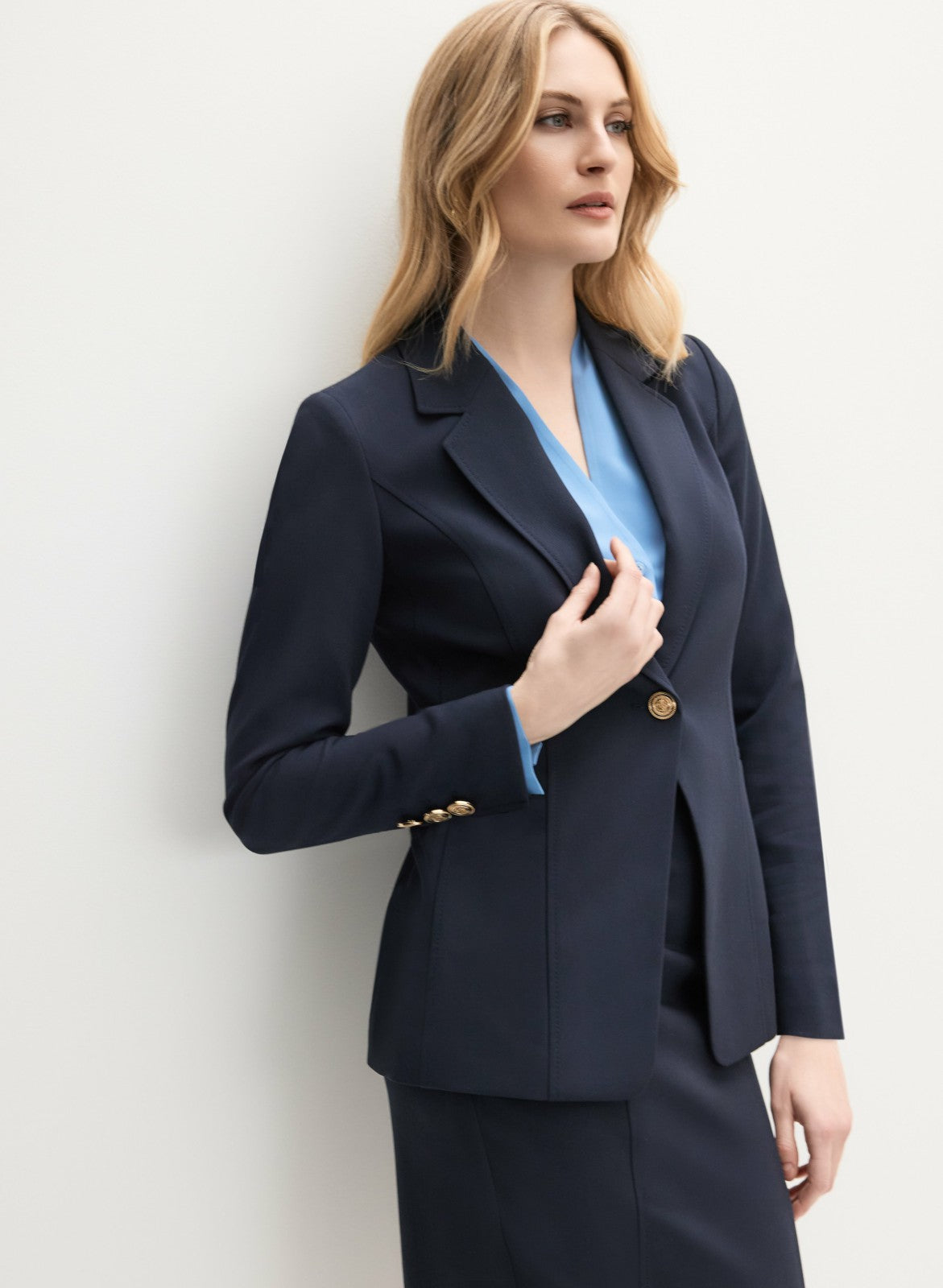 Women Embossed Button Blazer Dark Navy | Melanie Lyne