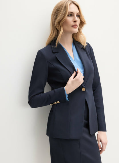 Women Embossed Button Blazer Dark Navy | Melanie Lyne
