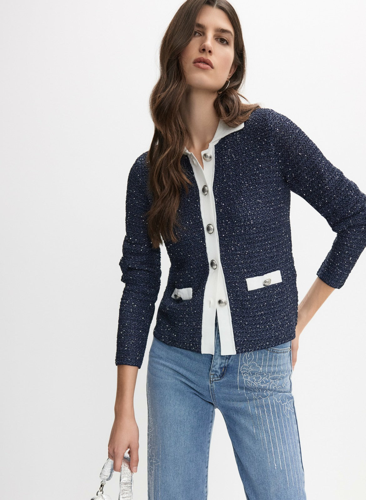 Women Contrast Bouclé Cardigan Navy Blue | Melanie Lyne