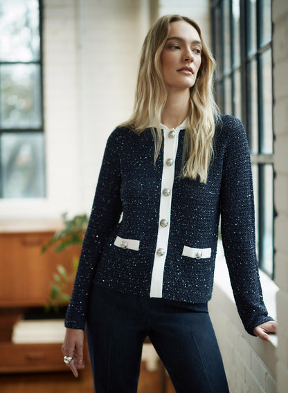 Women Contrast Bouclé Cardigan Navy Blue | Melanie Lyne