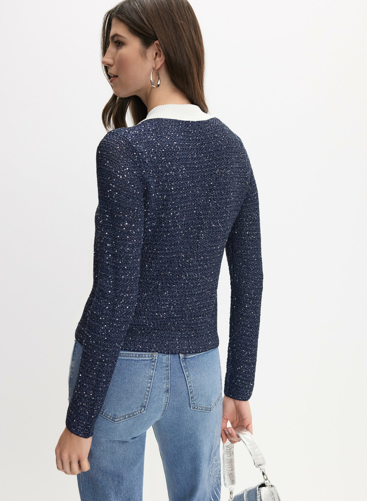 Women Contrast Bouclé Cardigan Navy Blue | Melanie Lyne