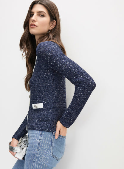 Women Contrast Bouclé Cardigan Navy Blue | Melanie Lyne