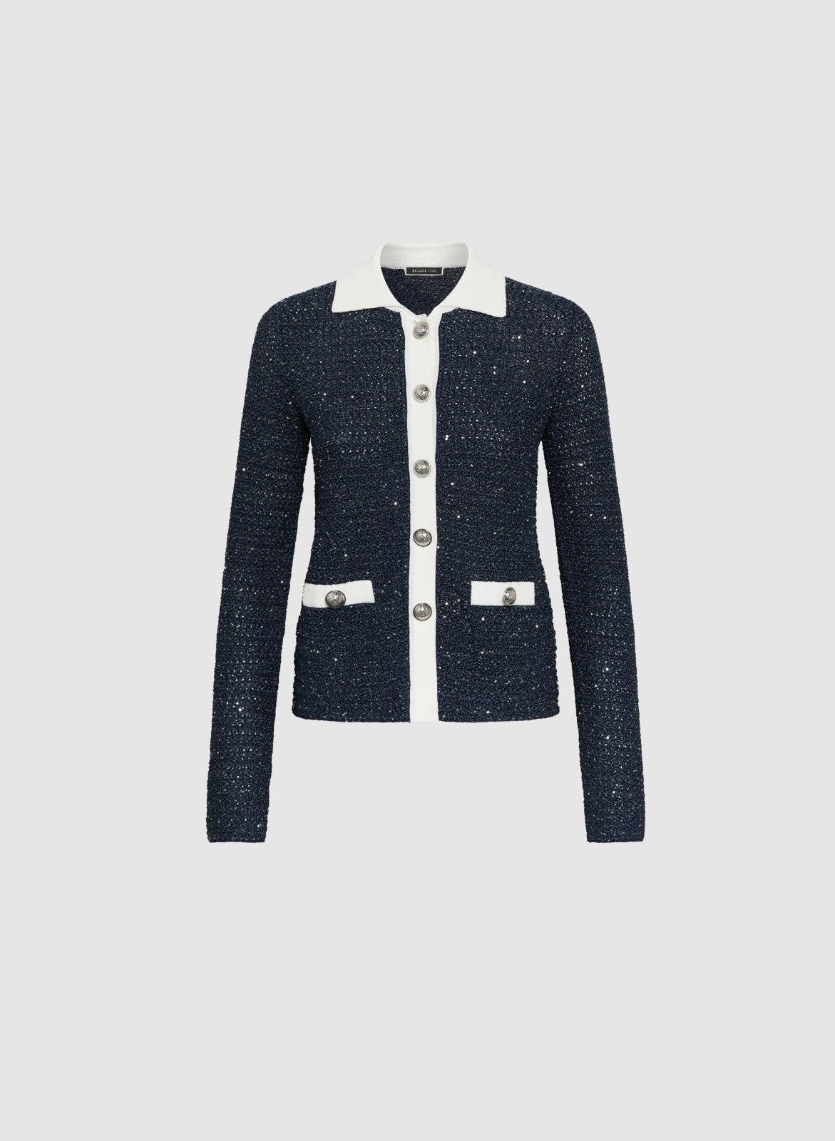 Women Contrast Bouclé Cardigan Navy Blue | Melanie Lyne