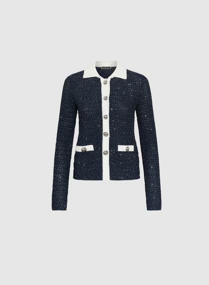 Women Contrast Bouclé Cardigan Navy Blue | Melanie Lyne