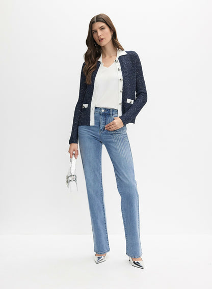 Women Contrast Bouclé Cardigan Navy Blue | Melanie Lyne