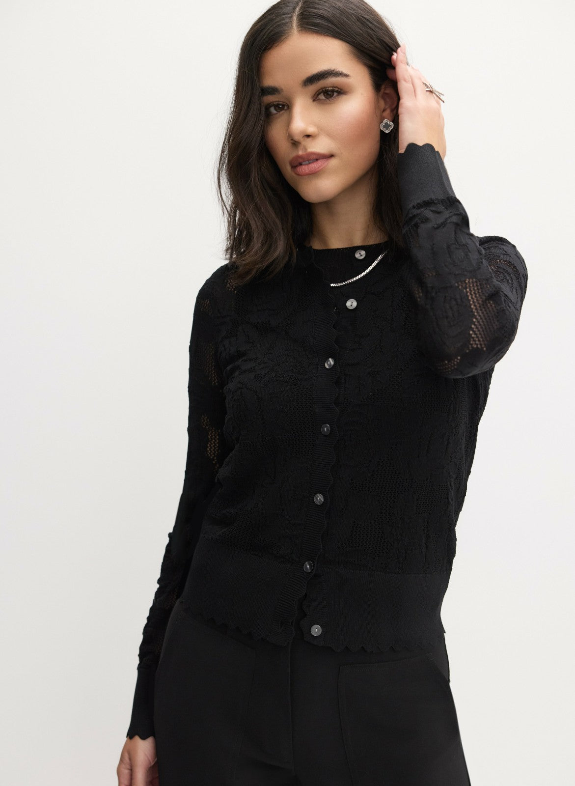 Women Open-Knit Rose Cardigan Black | Melanie Lyne