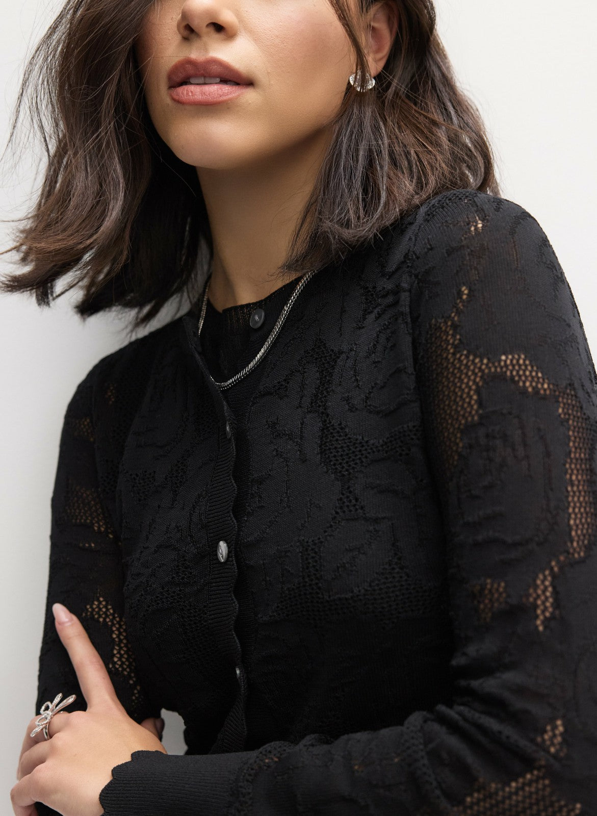Women Open-Knit Rose Cardigan Black | Melanie Lyne
