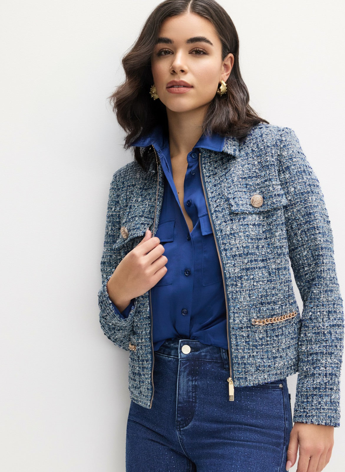 Women Zip Front Bouclé Jacket Blue Pattern | Melanie Lyne