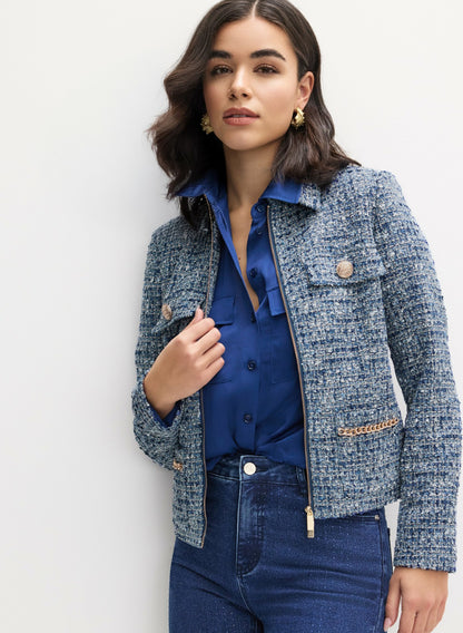 Women Zip Front Bouclé Jacket Blue Pattern | Melanie Lyne