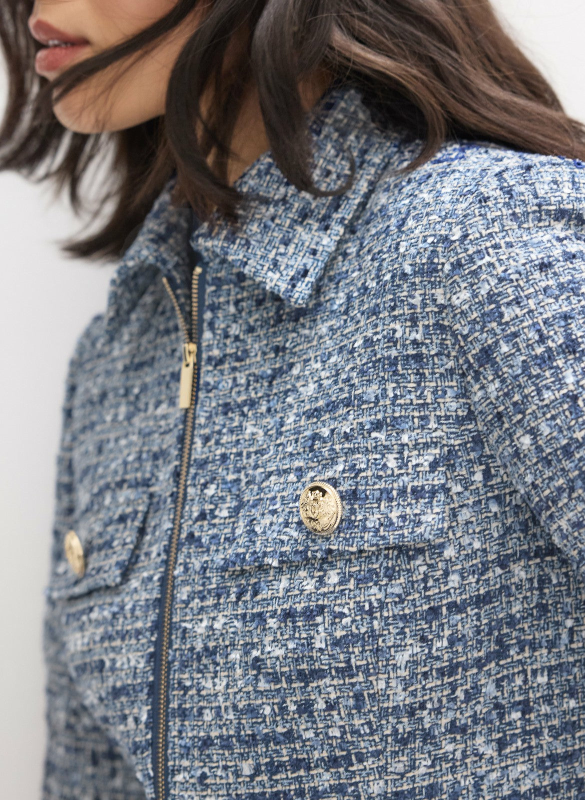 Women Zip Front Bouclé Jacket Blue Pattern | Melanie Lyne