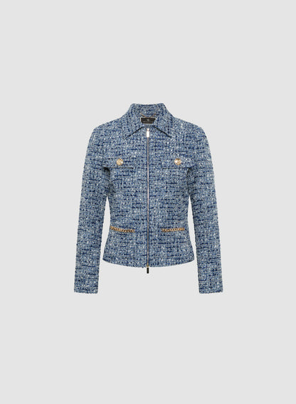 Women Zip Front Bouclé Jacket Blue Pattern | Melanie Lyne