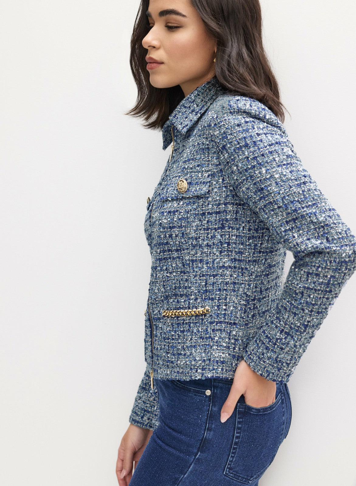 Women Zip Front Bouclé Jacket Blue Pattern | Melanie Lyne