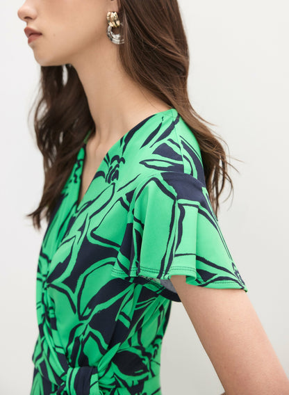 Women Joseph Ribkoff - Floral Knotted Wrap-Over Dress Green Pattern | Melanie Lyne