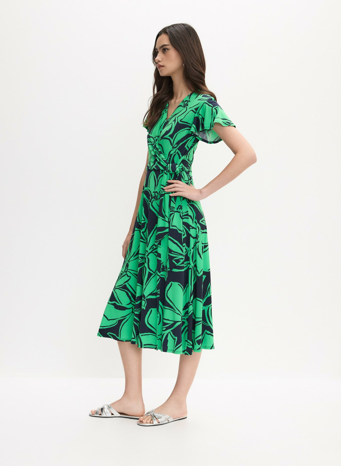 Women Joseph Ribkoff - Floral Knotted Wrap-Over Dress Green Pattern | Melanie Lyne