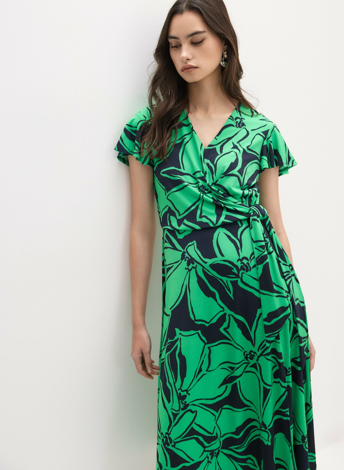 Women Joseph Ribkoff - Floral Knotted Wrap-Over Dress Green Pattern | Melanie Lyne