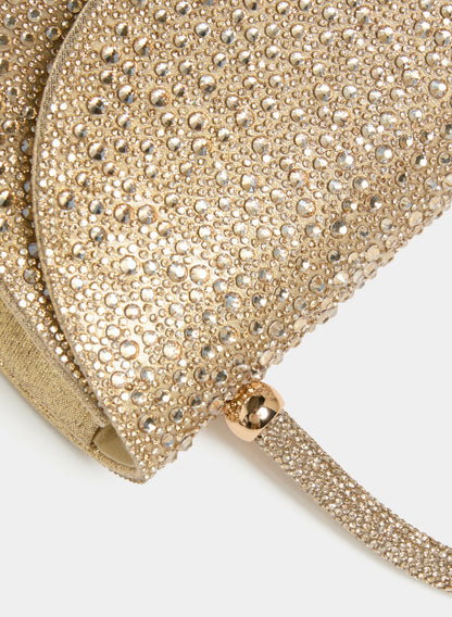 Women Crystal Embellished Half Moon Clutch Gold | Melanie Lyne