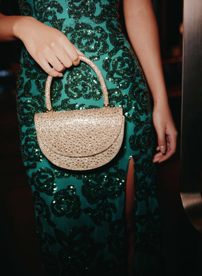 Women Crystal Embellished Half Moon Clutch Gold | Melanie Lyne