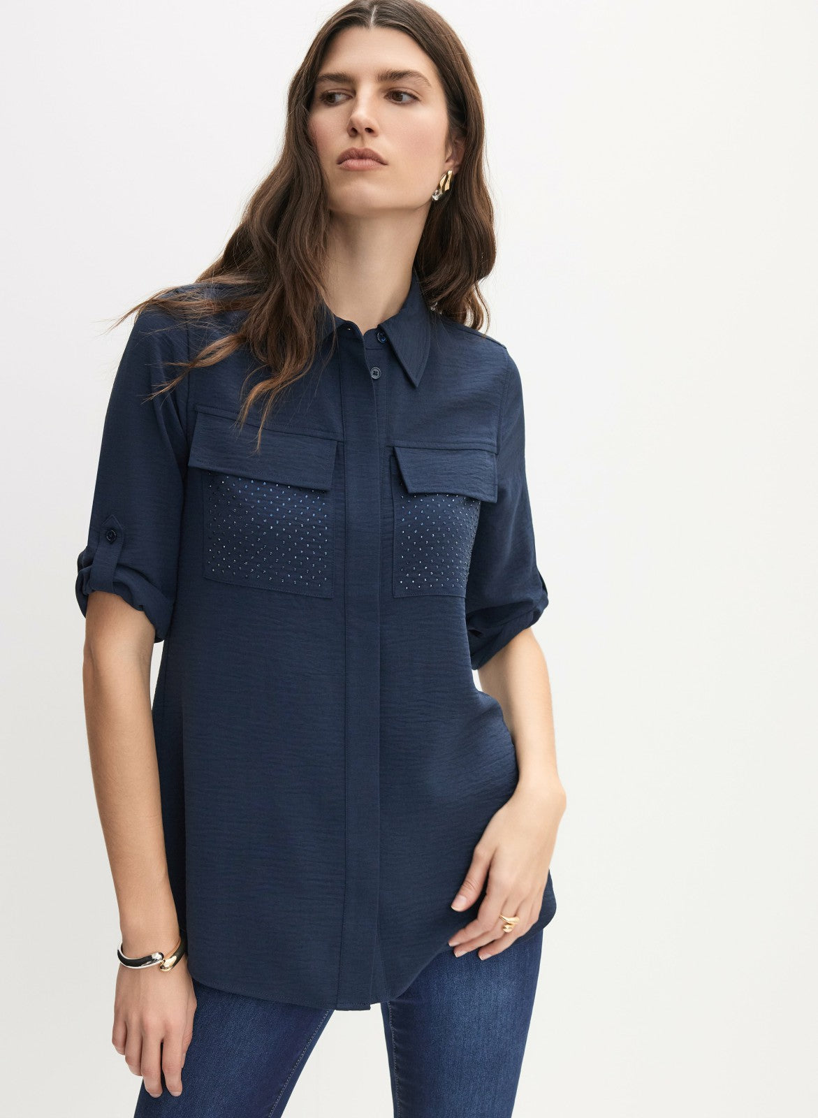Women Utility Button-Up Blouse Peacock Blue | Melanie Lyne