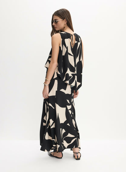 Women Leaf Print Tiered Dress Black & White | Melanie Lyne