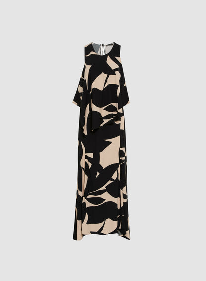 Women Leaf Print Tiered Dress Black & White | Melanie Lyne
