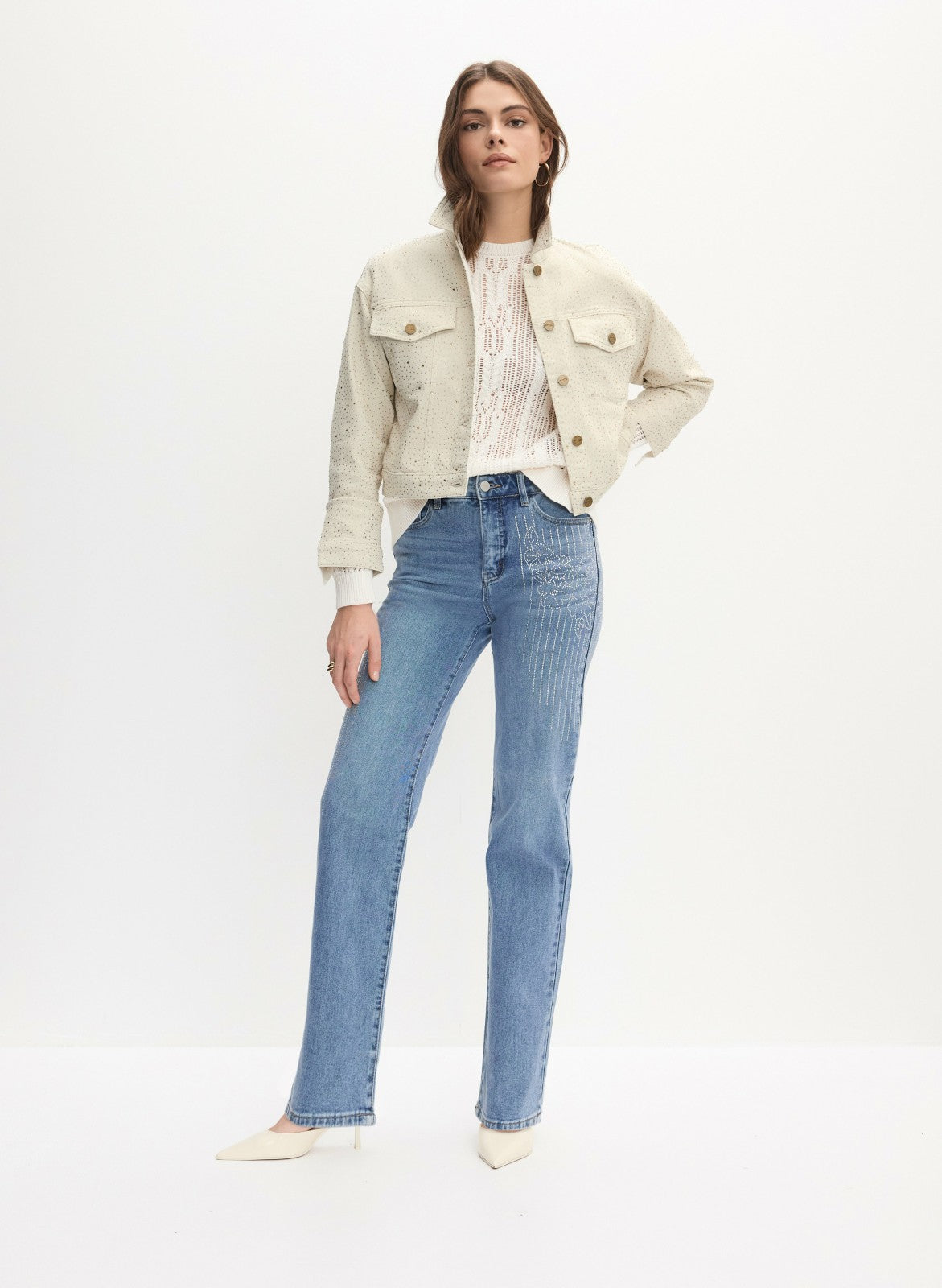 Women Embellished Denim Jacket Alabaster | Melanie Lyne