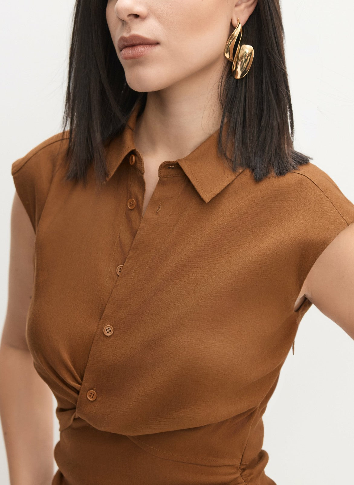 Women Linen-Blend Twist Front Dress Coffee Bean | Melanie Lyne