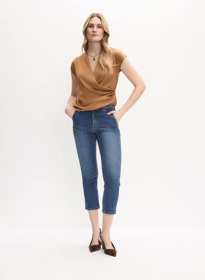Women Braided Waist Trim Denim Capris Sand | Melanie Lyne