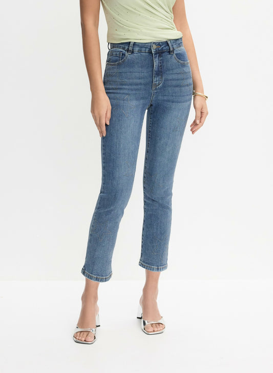Women Rhinestone Star Embellished Denim Capris Medium Blue | Melanie Lyne