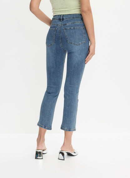 Women Rhinestone Star Embellished Denim Capris Medium Blue | Melanie Lyne