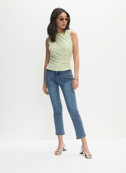 Women Rhinestone Star Embellished Denim Capris Medium Blue | Melanie Lyne