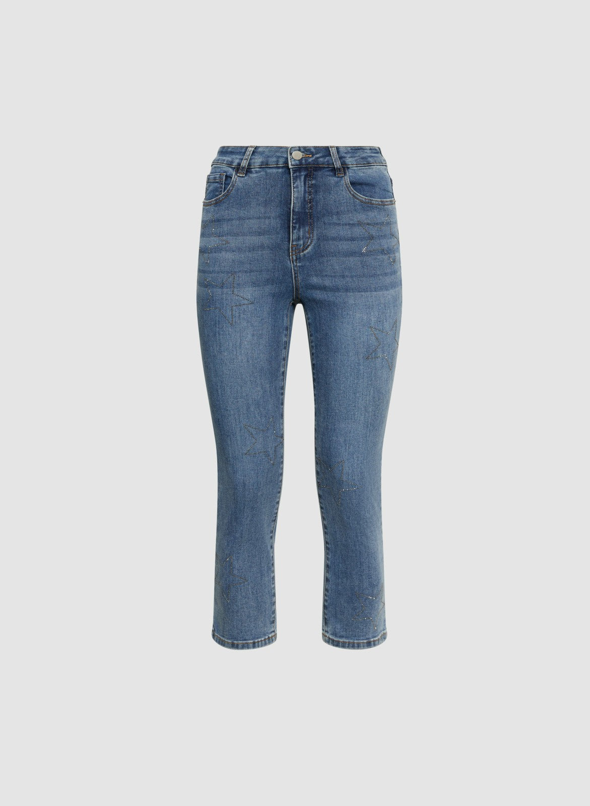 Women Rhinestone Star Embellished Denim Capris Medium Blue | Melanie Lyne
