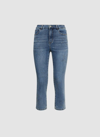 Women Rhinestone Star Embellished Denim Capris Medium Blue | Melanie Lyne