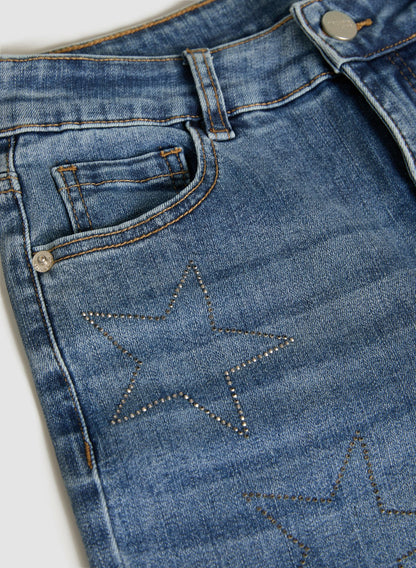 Women Rhinestone Star Embellished Denim Capris Medium Blue | Melanie Lyne